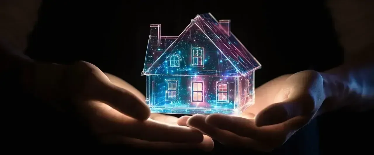 Zwei Hände halten ein leuchtendes Modellhaus – Sinnbild für Absicherung von Wohnen und Eigentum