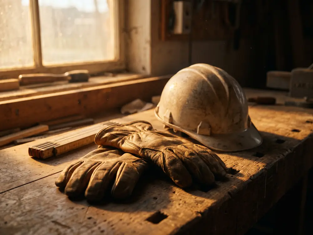 Arbeitshandschuhe und Schutzhelm liegen auf einer Werkbank