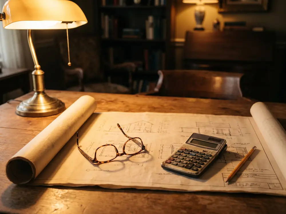 Aufgerollter Bauplan mit Taschenrechner, Stift und Lesebrille