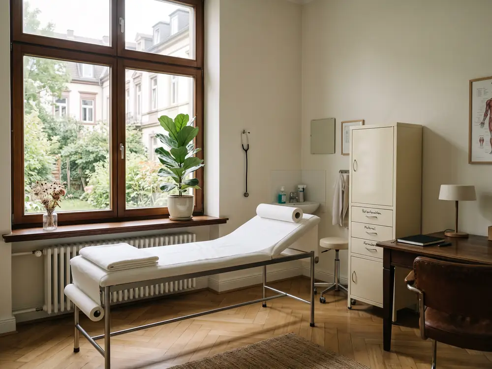 Ruhiges, aufgeräumtes Sprechzimmer einer Arztpraxis