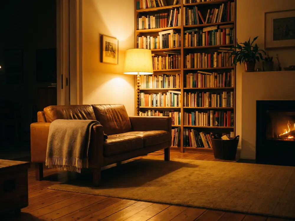 Wohnzimmer am Abend mit Sofa, Bücherregal und warmer Stehlampe