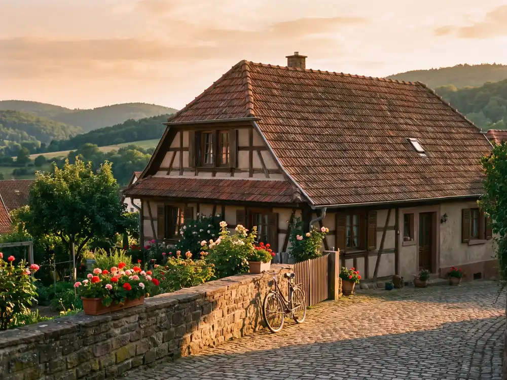 Einfamilienhaus mit rotem Ziegeldach und Garten im Abendlicht