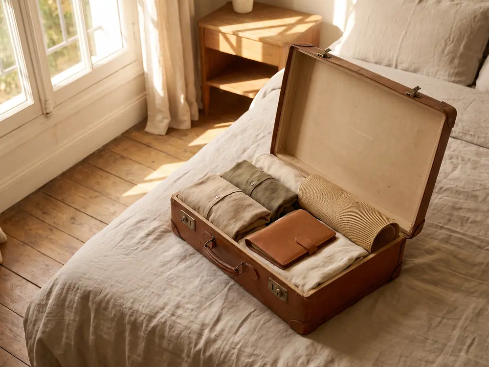 Gepackter Koffer auf einem Bett im Morgenlicht