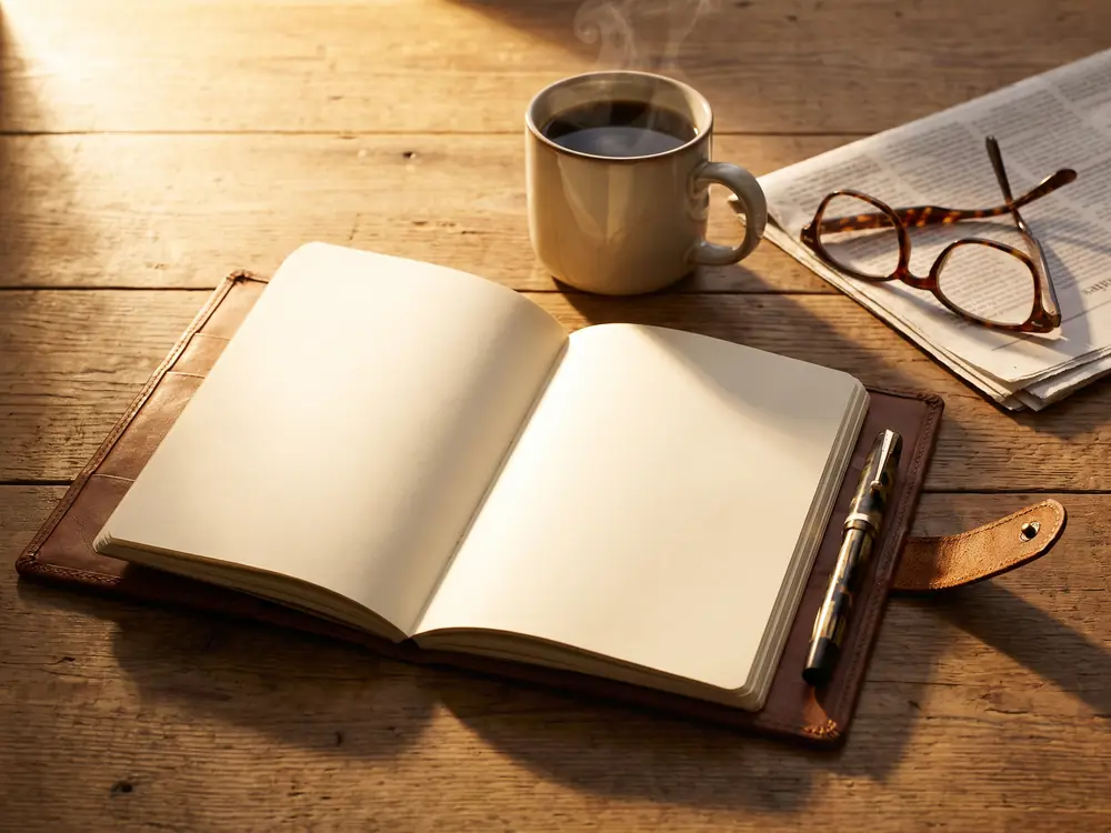 Schreibtisch mit aufgeschlagenem Notizbuch, Füller und einer Tasse Kaffee