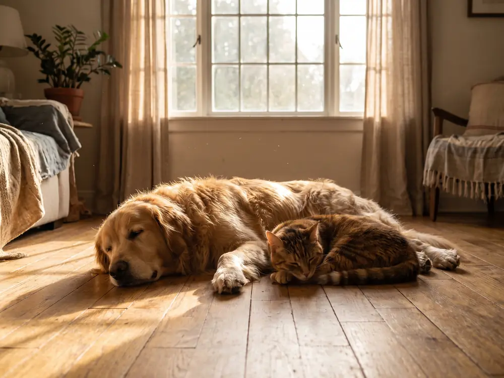 Hund und Katze liegen nebeneinander auf einem Holzboden