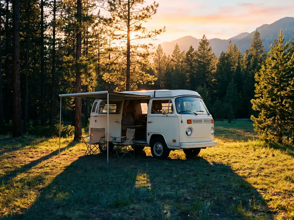 Wohnmobil auf einer Lichtung am Waldrand im Abendlicht